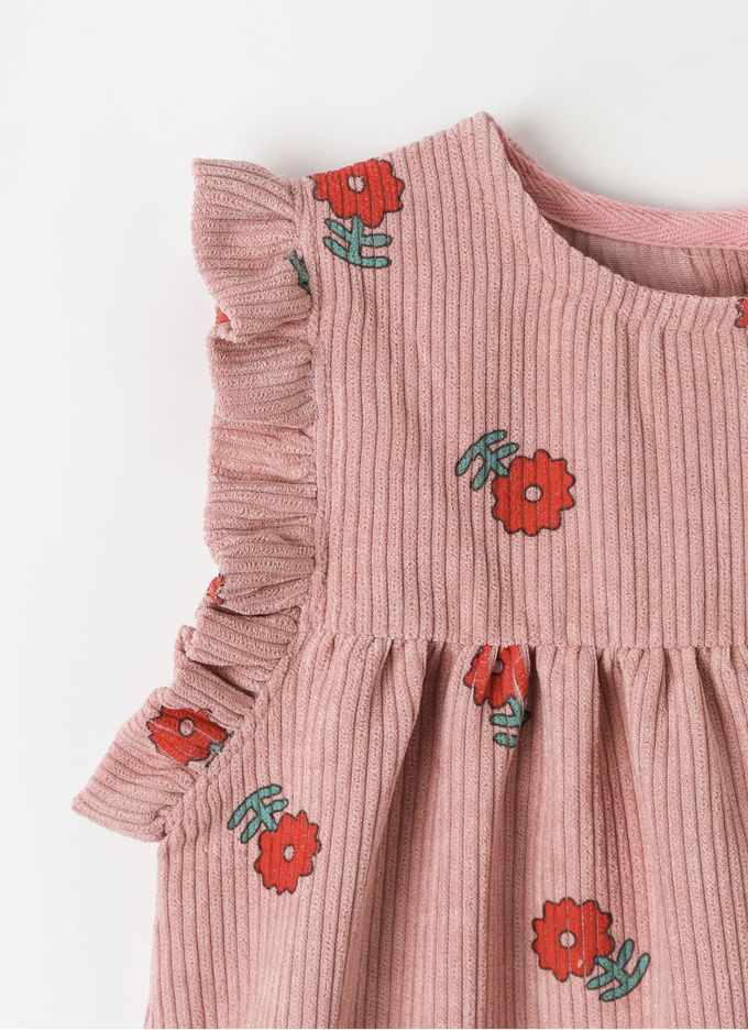 韓國 OZKIZ - 紅花印燈芯絨圓領背心洋裝-暗粉