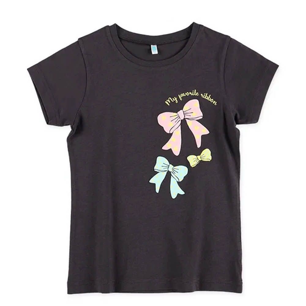 甜蜜立體印花純棉短袖上衣-蝴蝶結-黑