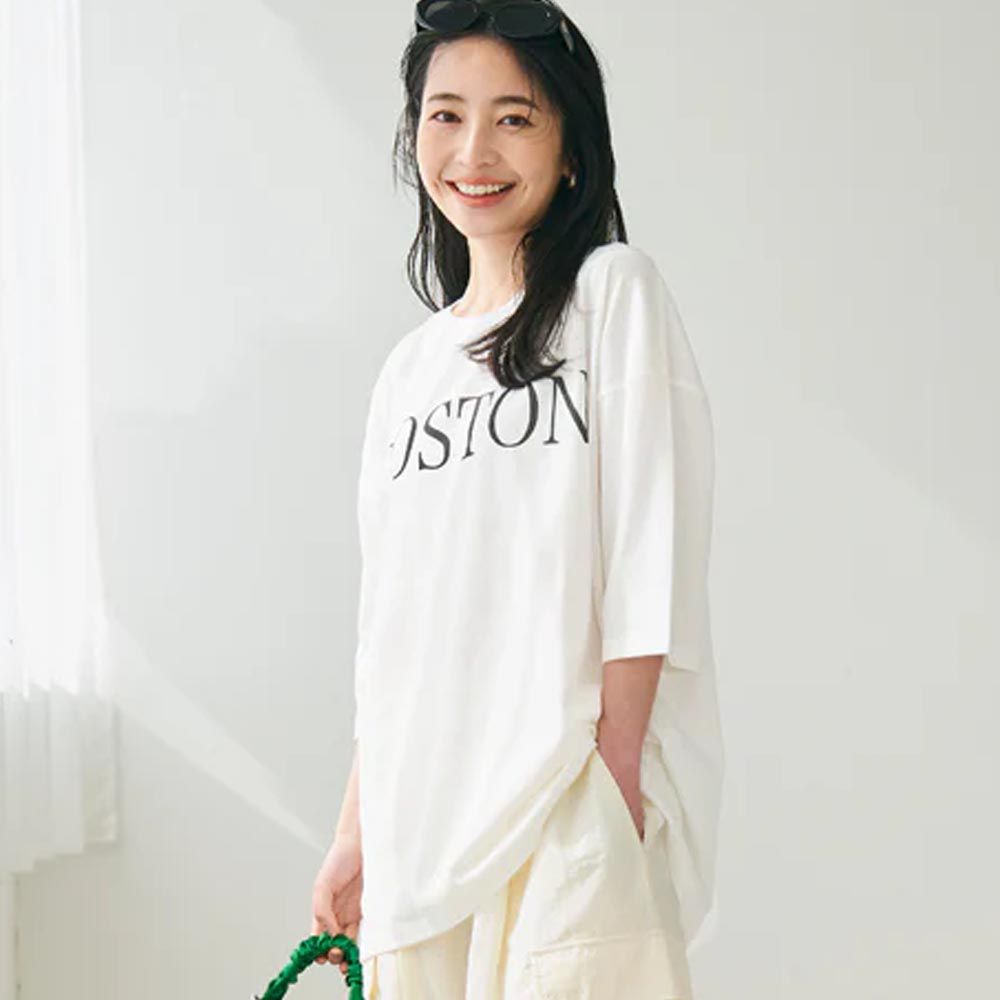 日本 COCA - [大人]英文標語寬鬆短袖上衣-BOSTON-白