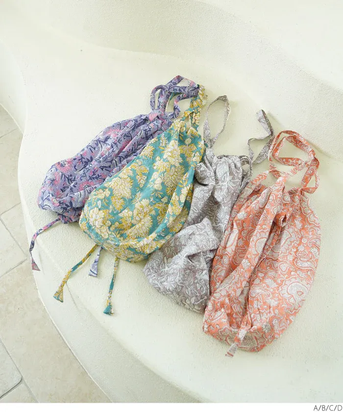 日本 COCA - 100%印度棉木刻版印刷抽繩托特包/購物袋-粉紫