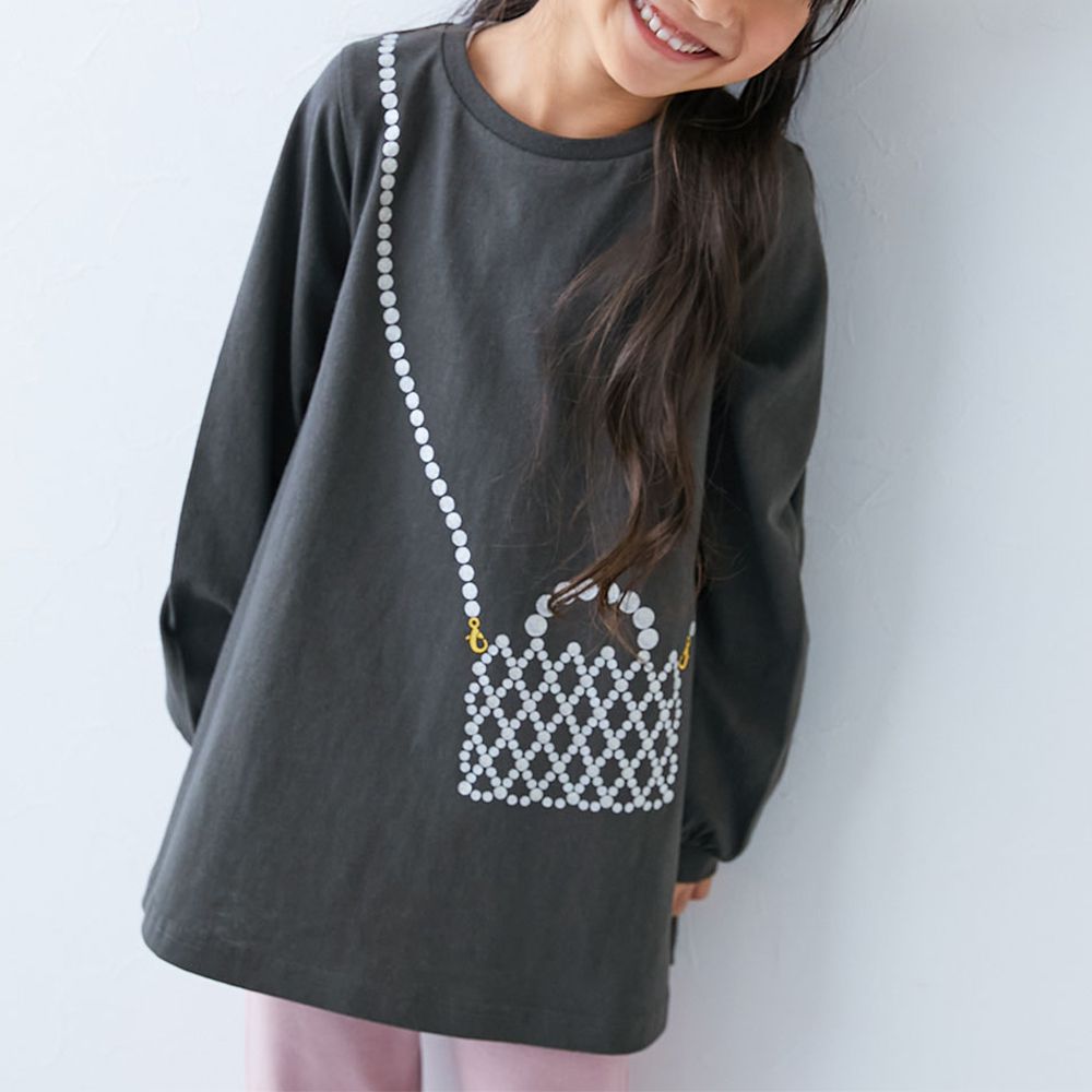 純棉甜美印花長版T恤-珍珠包包-炭黑