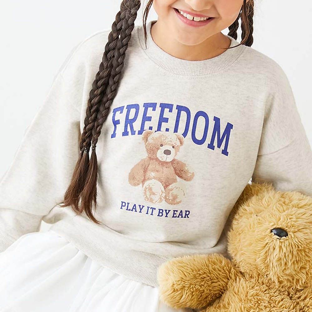 熱銷定番 女孩印花縮口長袖上衣-熊熊-燕麥