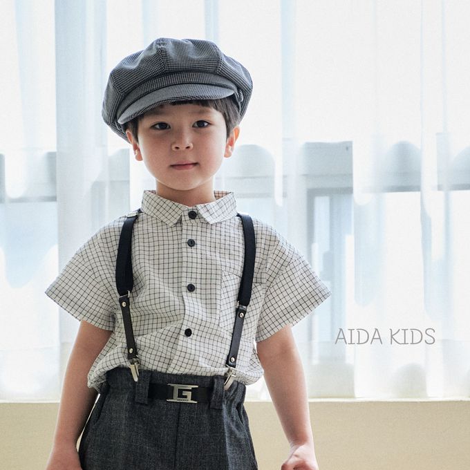 韓國 AIDA - (不含領結)百搭細網格短袖襯衫-白X黑