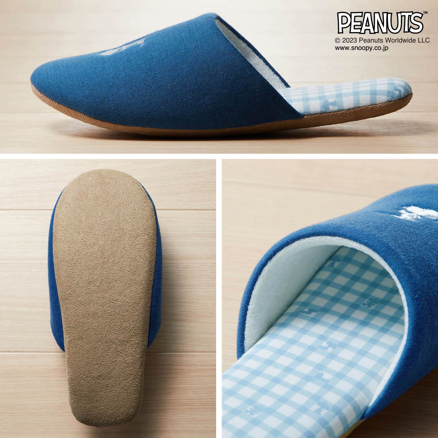 日本千趣會 - 史努比 刺繡圖案室內拖鞋-藍色格紋 (M(22-24cm))