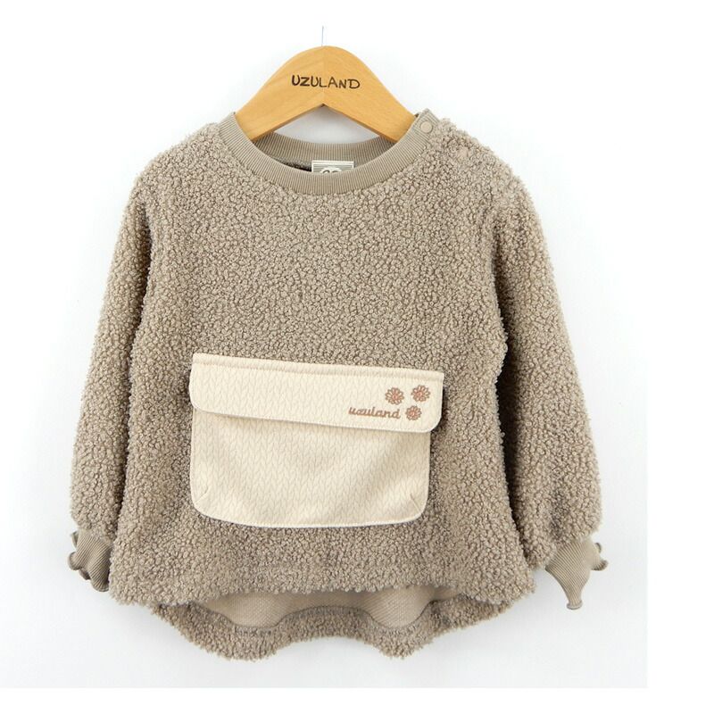 日本 ZOOLAND - 圓領泰迪熊刷毛長袖上衣-百寶袋-淺灰杏