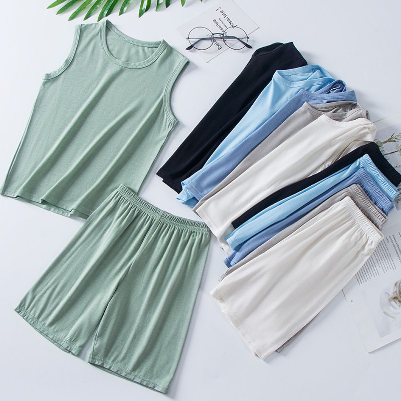 莫代爾薄款圓領無袖家居服套裝/空調服-藍色