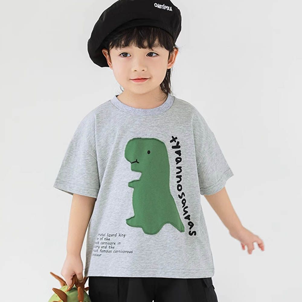 純棉圓領休閒短袖上衣-恐龍貼布繡-灰色