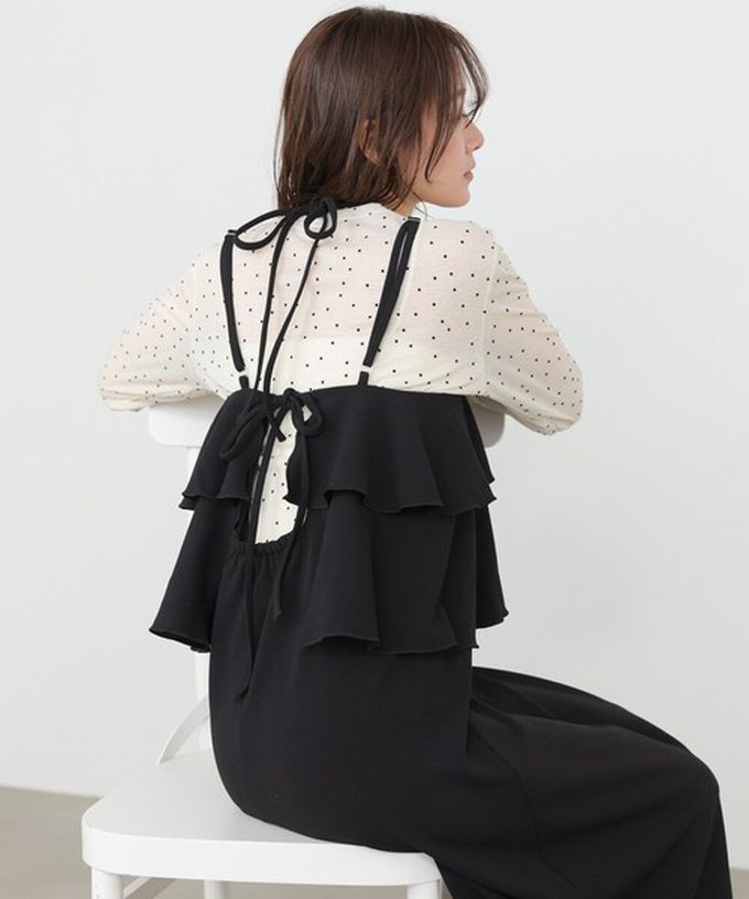 日本 Bab - 優雅綁帶層疊喬其紗細肩帶洋裝-象牙米