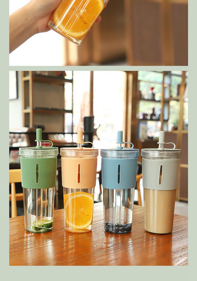 Vanibaby - 吸管隨行杯 700ml (矽膠防滑杯套 吸管蓋)-卡其