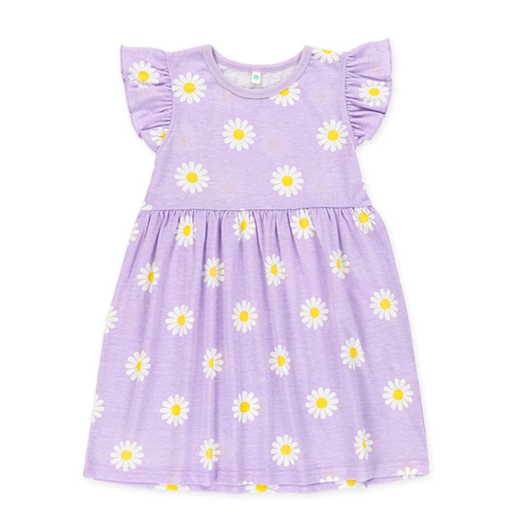 滿版印花可愛荷葉短袖洋裝-小雛菊-紫