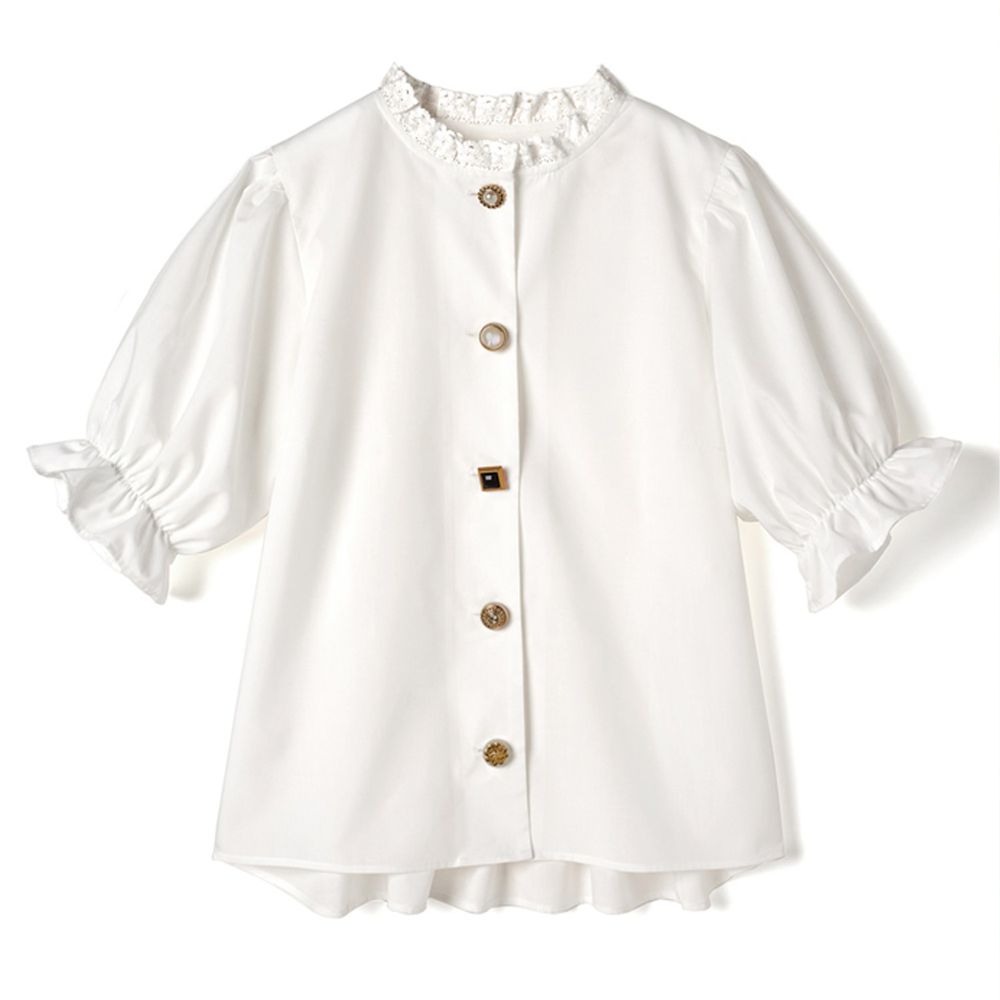 日本 GRL - 不規則寶石鈕扣公主袖五分袖襯衫-天使白