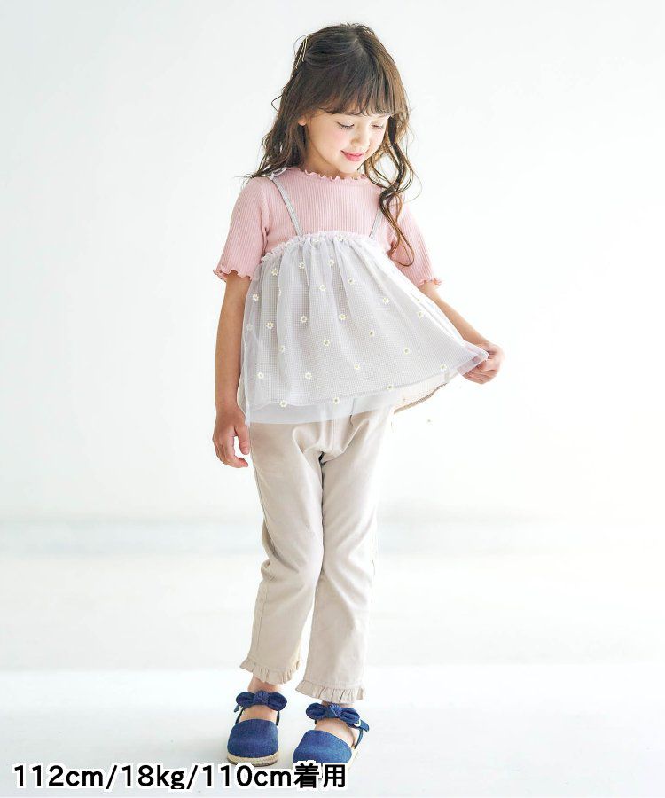 日本 apres les cours - 雛菊刺繡口袋下擺荷葉休閒九分褲-丹寧藍