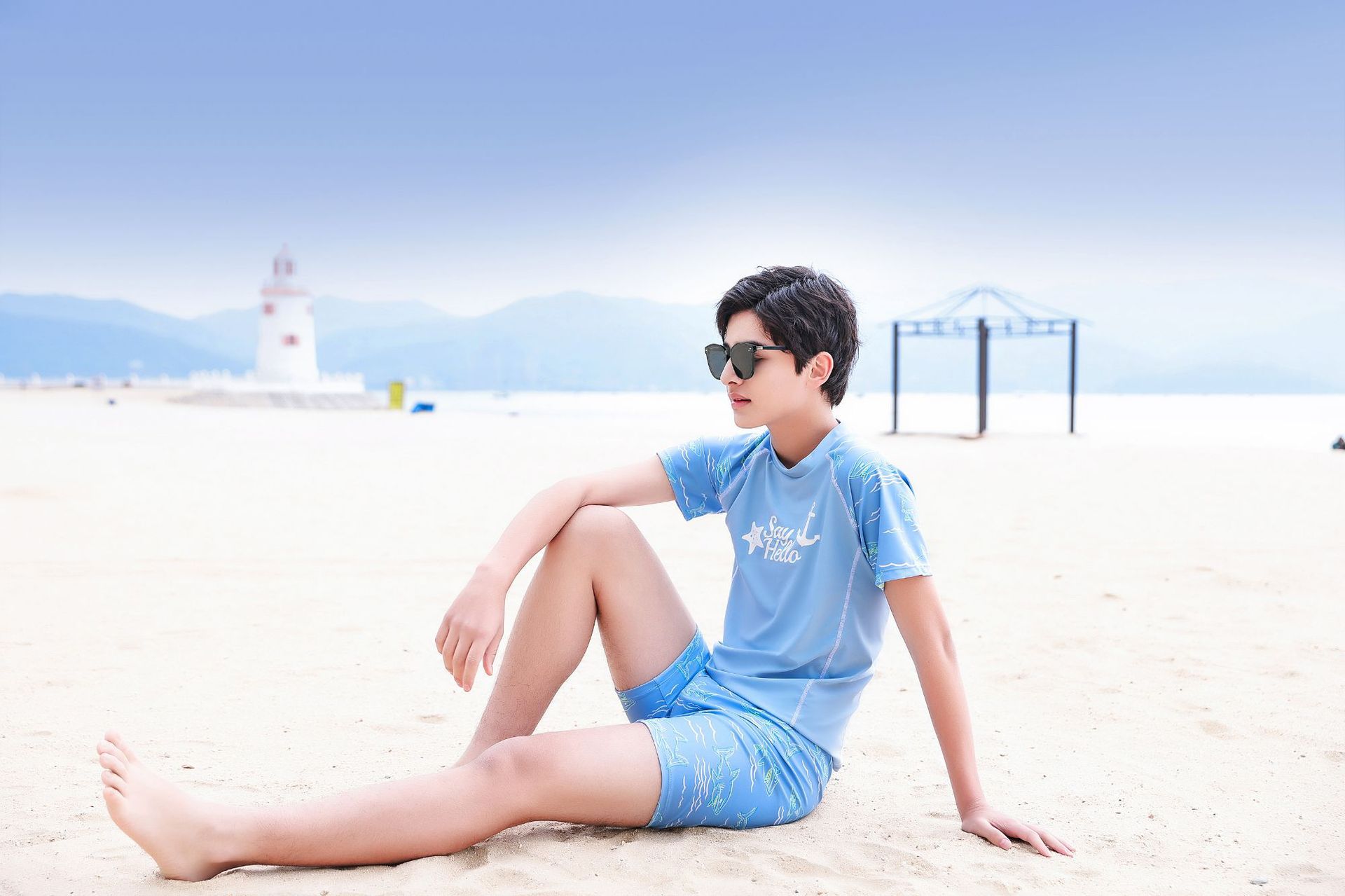 大童男孩短袖泳衣套裝(二件組)-星星船錨-淺藍色-泳衣、泳褲