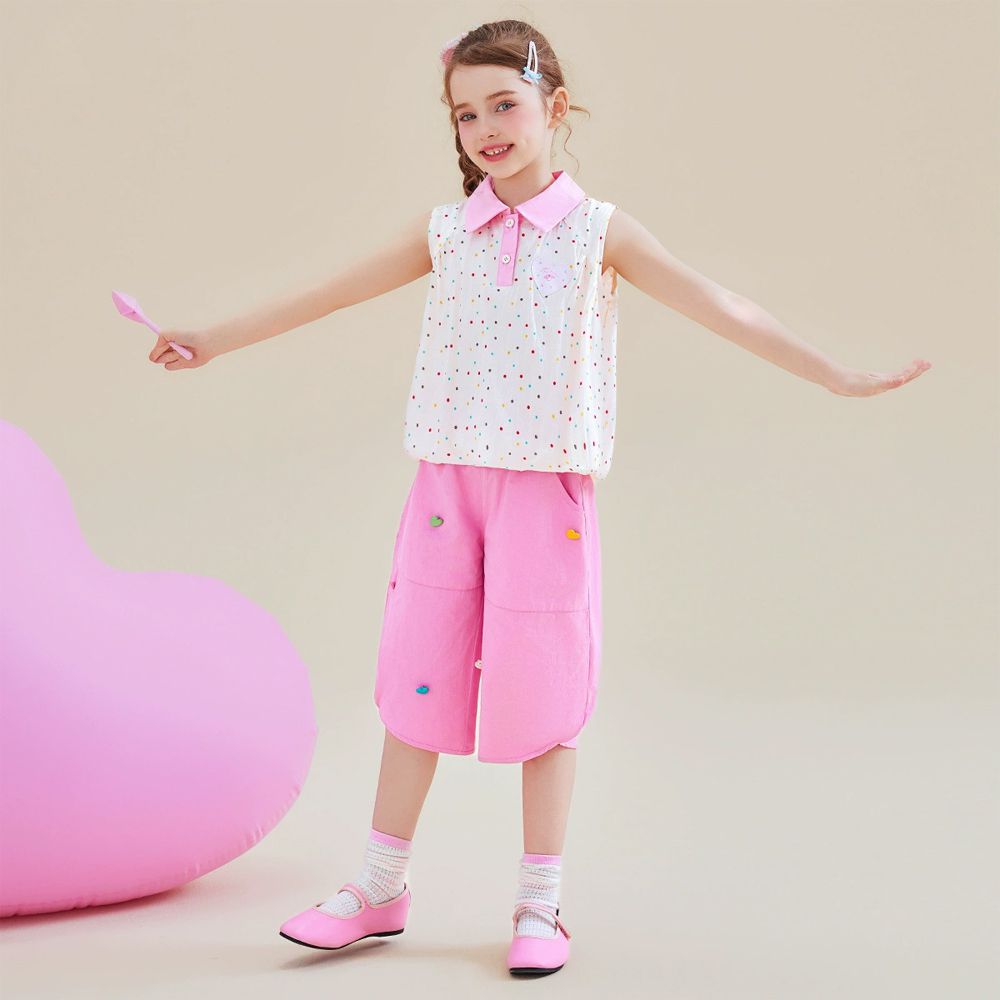 撞色翻領無袖上衣+五分褲套裝-卡通人物美樂蒂-粉色