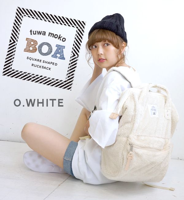 日本 Anello - 大開口毛毛後揹包-Regular大尺寸-IV米白