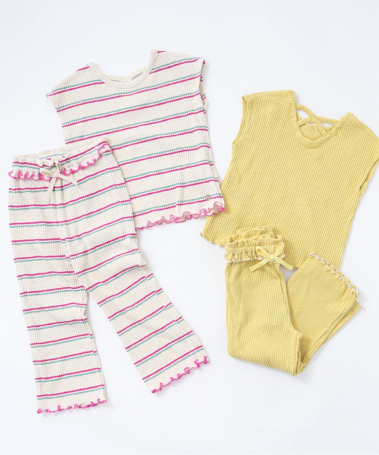 日本 BREEZE - 背交叉下擺捲邊羅紋短袖上衣-紅綠條紋