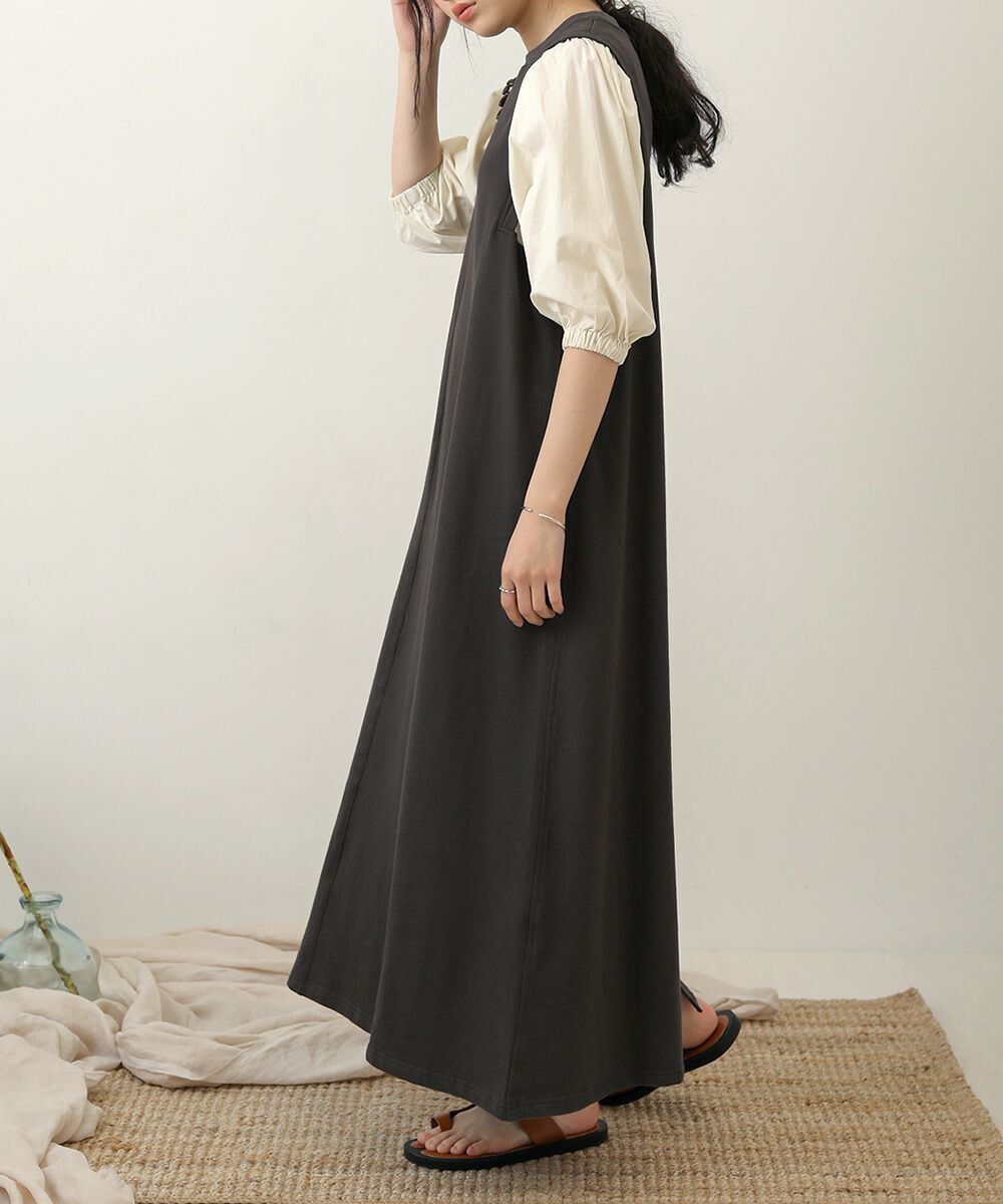 日本 Bou Jeloud - 異材質拼接撞色五分袖長洋裝-杏