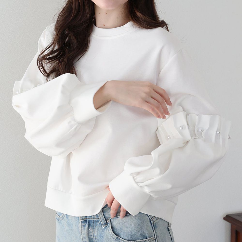 可愛珍珠皺摺造型寬版長袖上衣-白