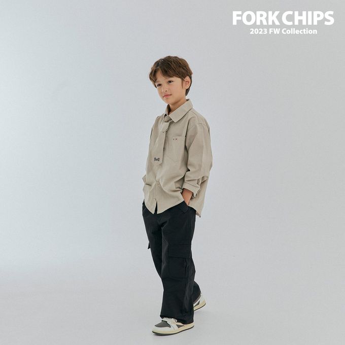 韓國 FORK CHIPS - 鬆緊腰大口袋工裝寬鬆長褲-黑