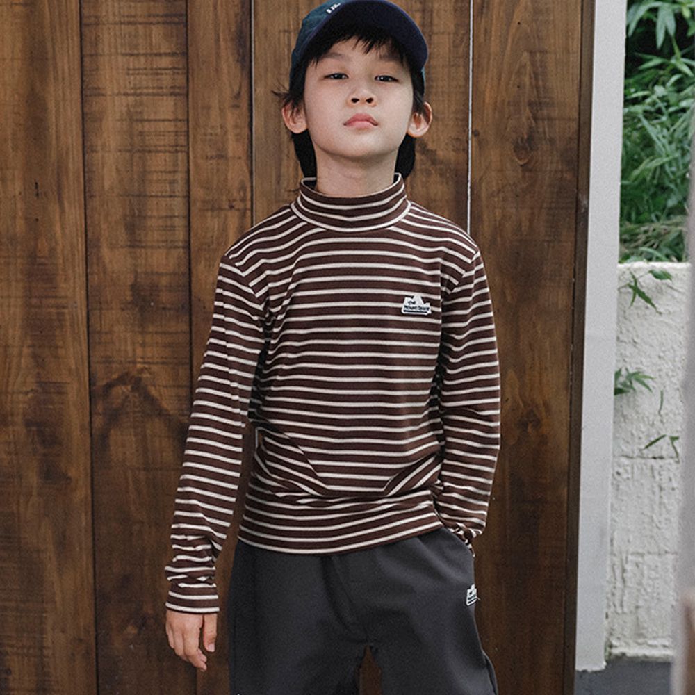 德絨保暖半高領長袖上衣-卡其棕條紋