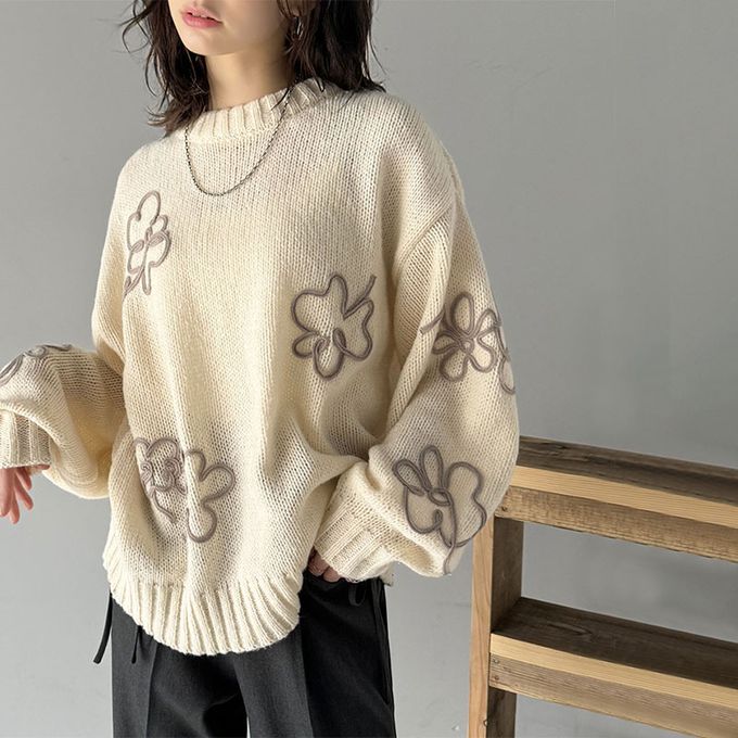 日本 Classical Elf - 線條花朵蓬鬆感針織上衣-黑