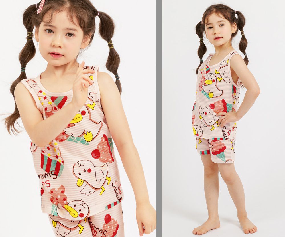 韓國 Mellisse - 韓製輕薄透氣無袖家居服(無螢光棉)-鴨鴨愛吃冰淇淋-粉紅