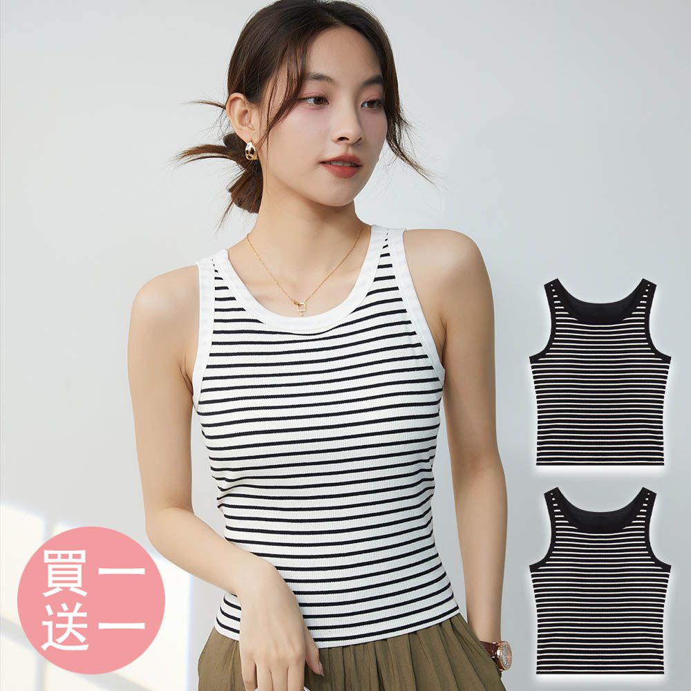 [買一送一]BRA TOP/附罩杯上衣-黑底白條