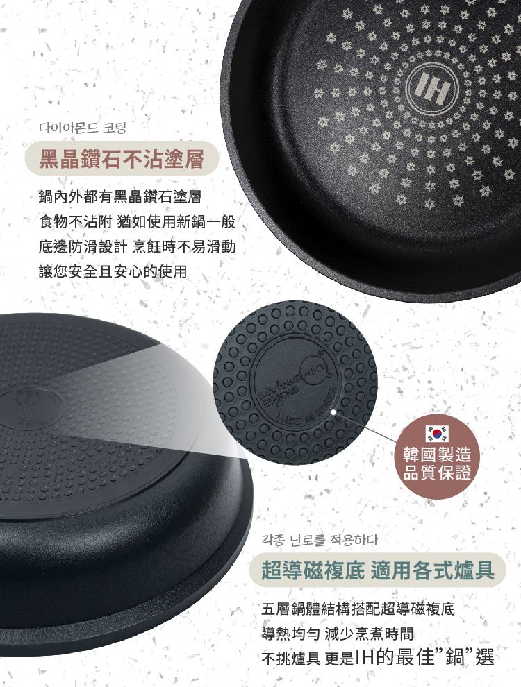 LIVING ART - 黑晶鑽石不沾炒鍋/韓國製/電磁爐可用-32cm