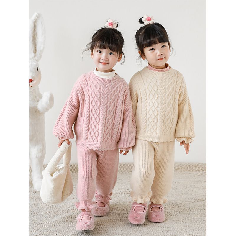 TONGMO - 復古針織花邊長褲-卡其色