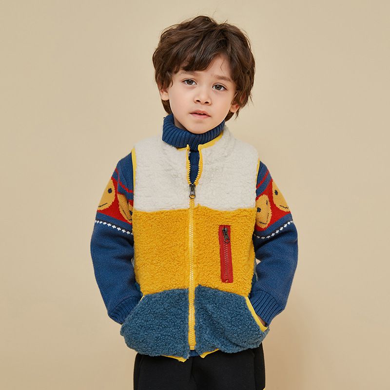 羊羔絨兒童保暖背心-拼色款-白+藍+紅