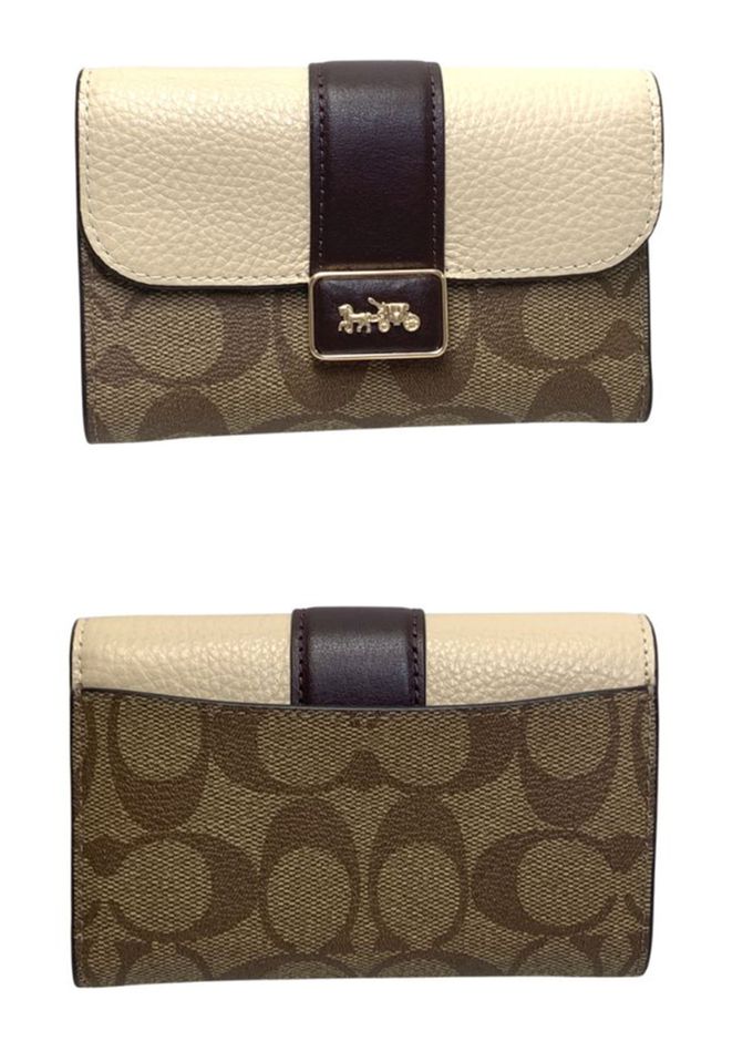 COACH - 馬車LOGO拼接皮革中夾 (卡其白)