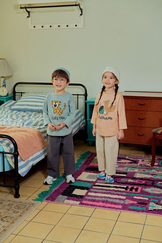 韓國 First Blue - 動物印花長袖上衣-松鼠-淺橘杏