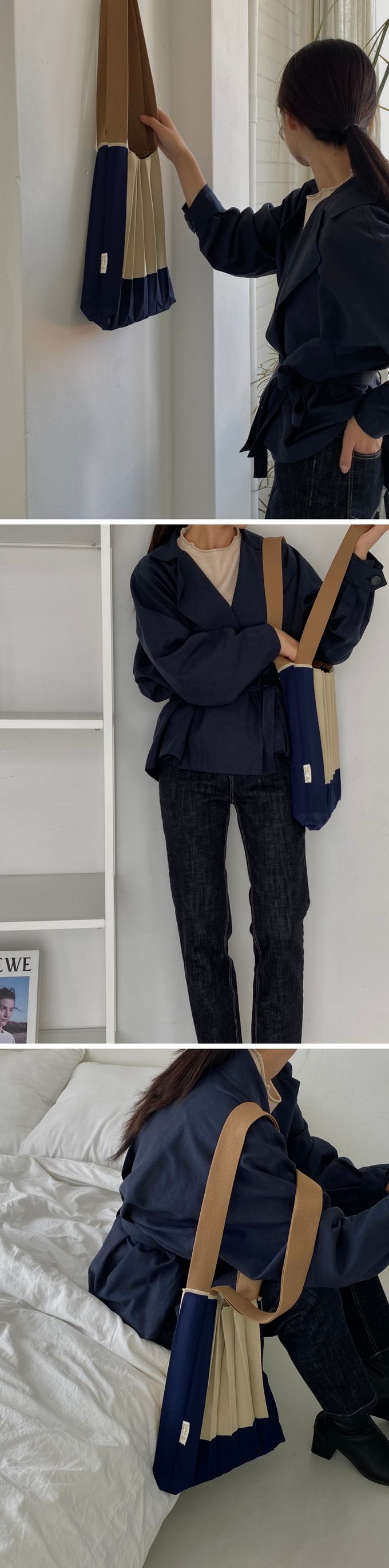 韓國 SOPHIENBONNE - 配色彈性針織褶手提/肩背包-深藍X米 (M)