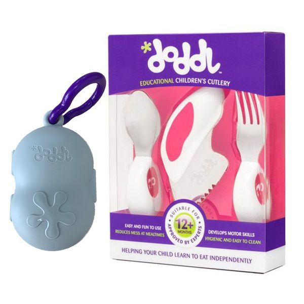 英國 Doddl - 人體工學幼兒學習餐具三件組+收納攜帶盒-粉紅色