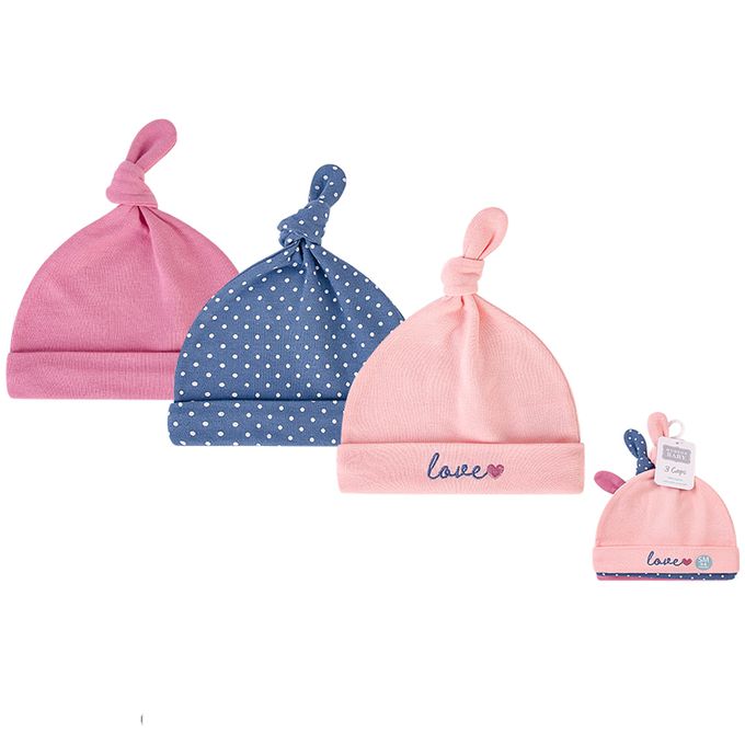 美國 Luvable Friends - 甜蜜寶貝純棉新生兒棉帽 保暖帽3件組-白點愛心