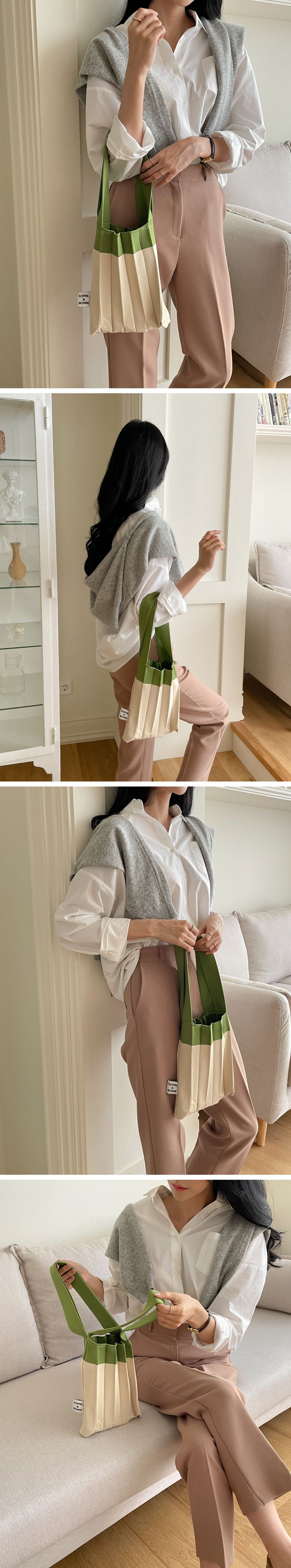 韓國 SOPHIENBONNE - 百褶彈性針織撞色手提/肩背包-咖X紅 (S)