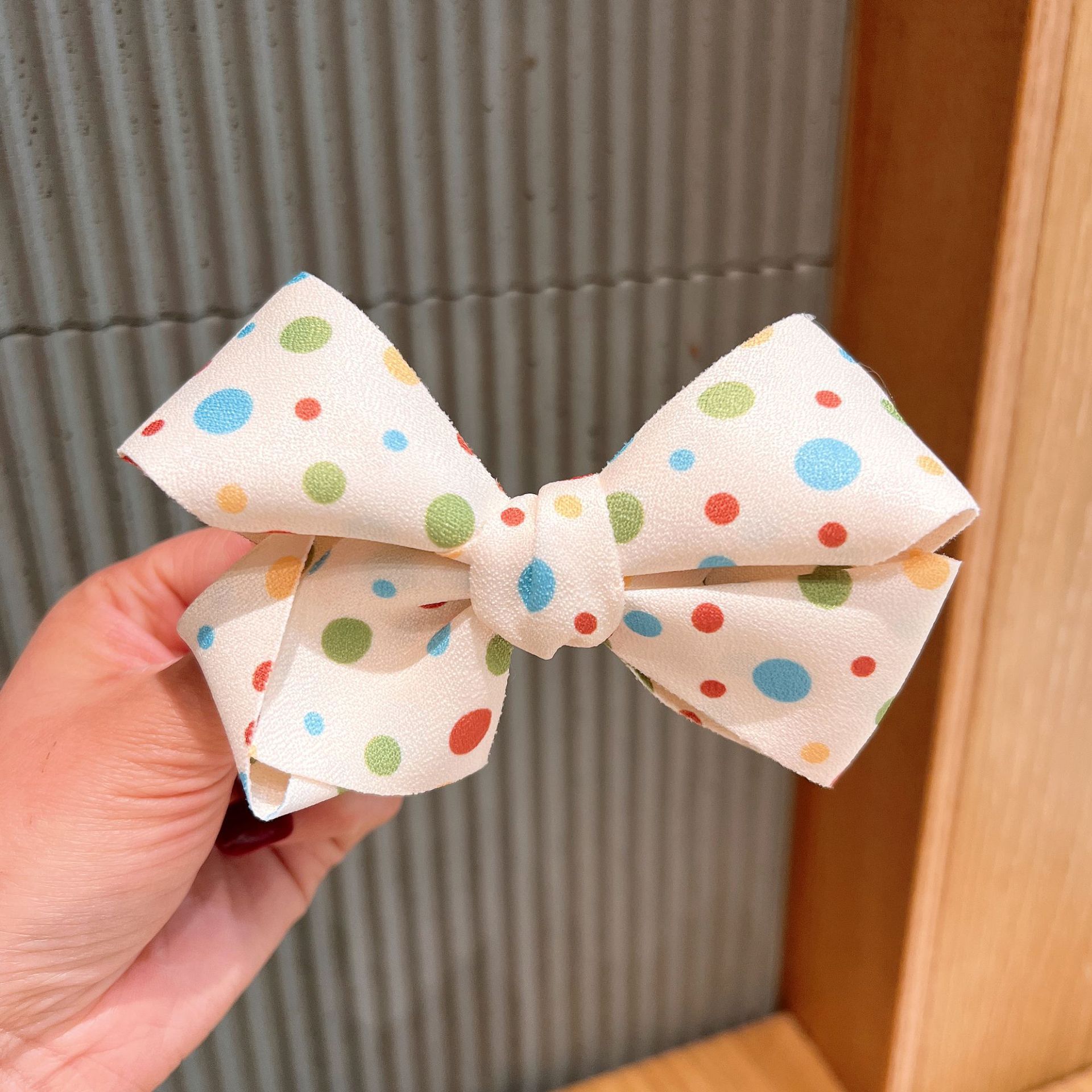 小清新布藝蝴蝶結圓點髮夾-拼色款-米白+黃