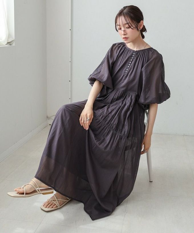 日本 Bab - 100%棉 巴里紗柔軟素色寬袖洋裝-水藍 (S)