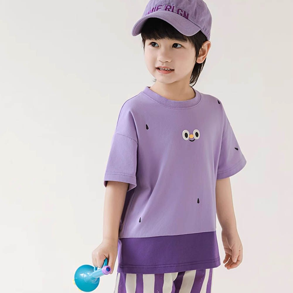 圓領水果撞色短袖上衣-表情印花-葡萄