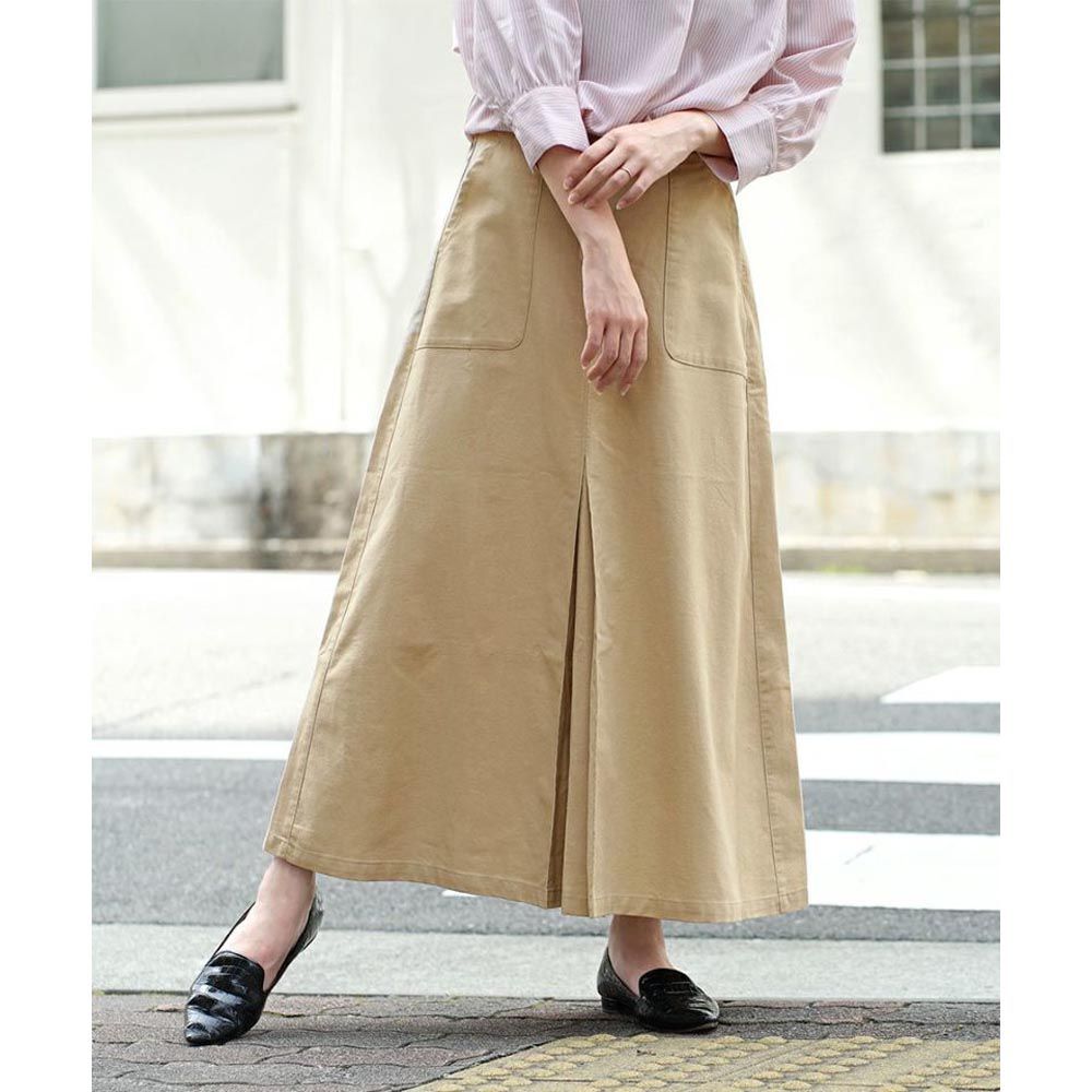 日本 zootie - 麻混前開層次設計修身長裙-淺卡其