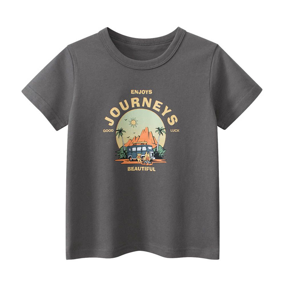 純棉短袖上衣-享受旅行-深灰