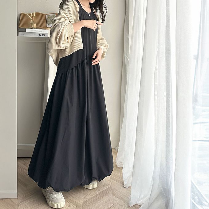 日本 Classical Elf - 簡約領氣球裙擺無袖洋裝-米杏