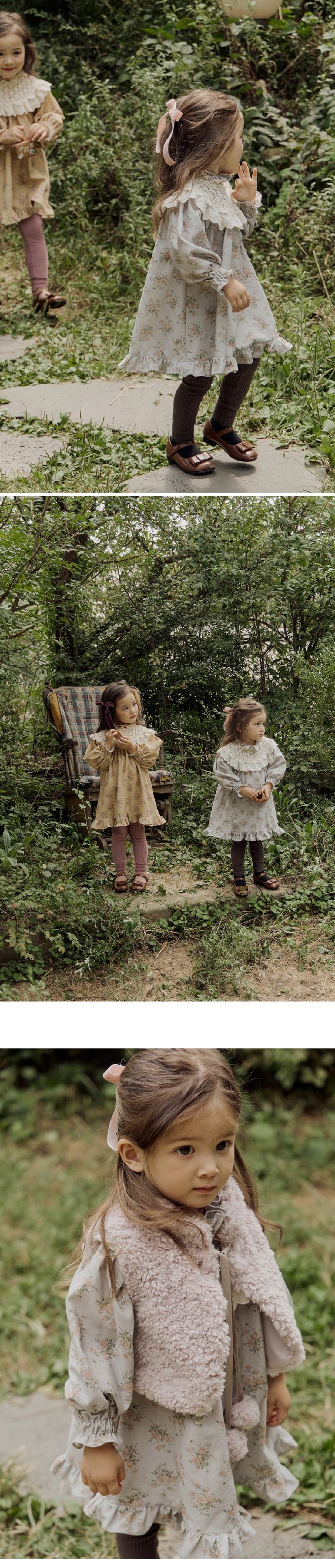 韓國 Puellaflo - 立體雕花領田園圖印連身洋裝-鐵灰