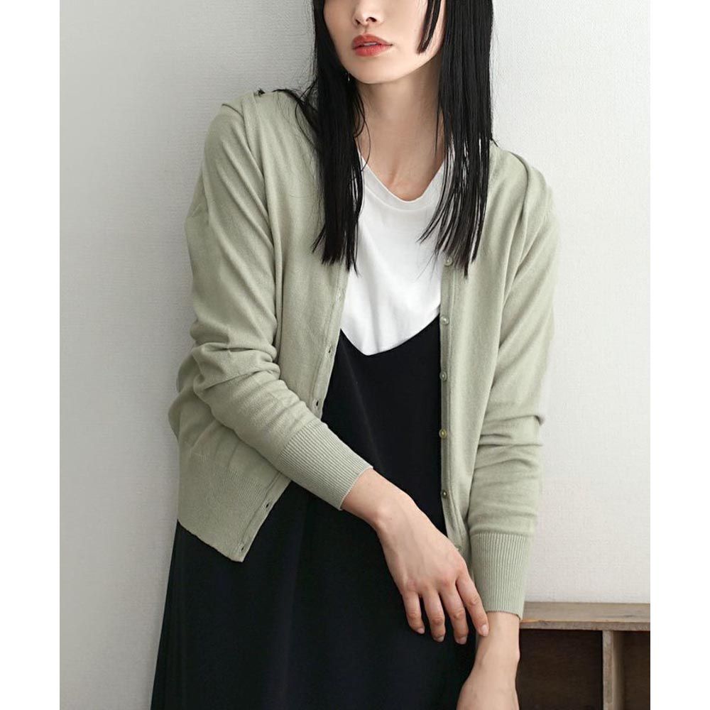 日本 zootie - 100%棉 簡約V領薄針織外套-春芽綠