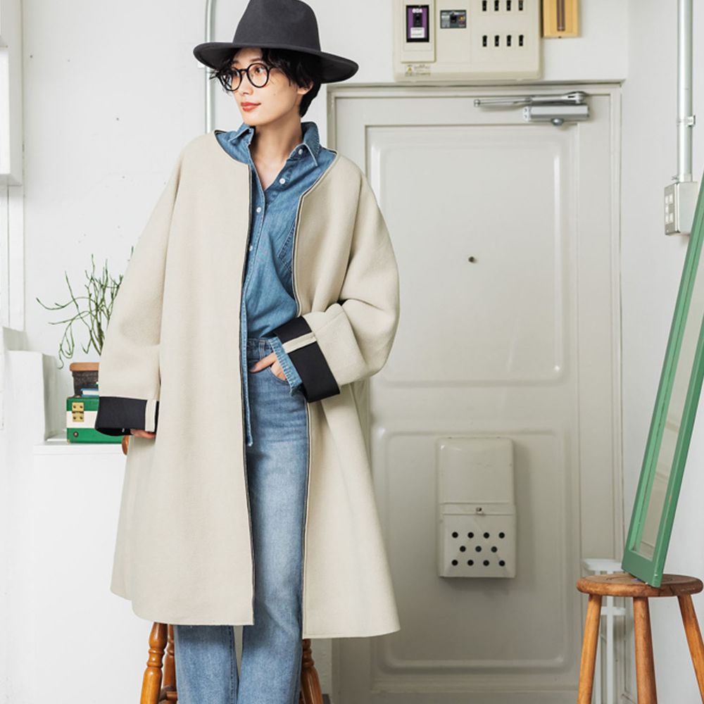 日本 COCA - 挺版造型圓領寬鬆大衣/外套-杏