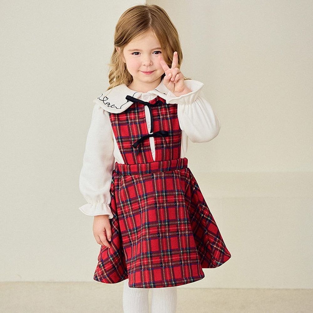 (內刷毛)英式格紋兩件式背心洋裝-白X紅