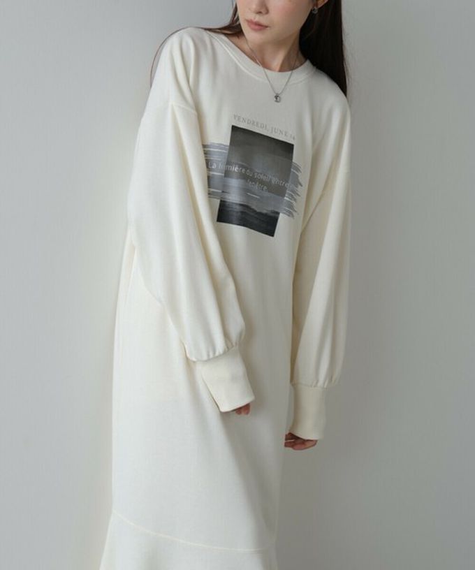 日本 Bab - 前後2way魚尾下擺休閒印花長袖洋裝-灰棕