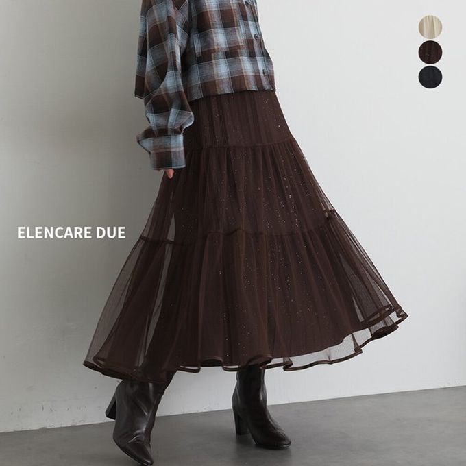 日本 ELENCARE DUE - 飄逸分層微閃亮百褶紗裙(全腰鬆緊)-黑