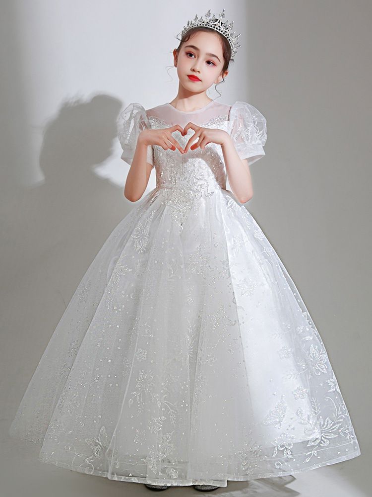 桃心V領公主泡泡五分袖網紗禮服-滿滿亮片-白色