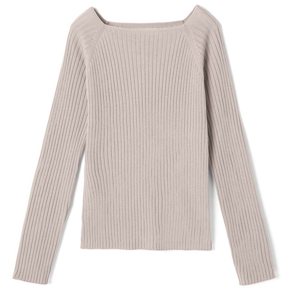 法式方領羅紋針織上衣-淺卡其